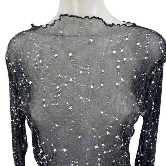 Women's Black Star Embellished Long Sleeve Mesh Sheer Crop Blouse Cover Up Top S - Picture 3 of 3
